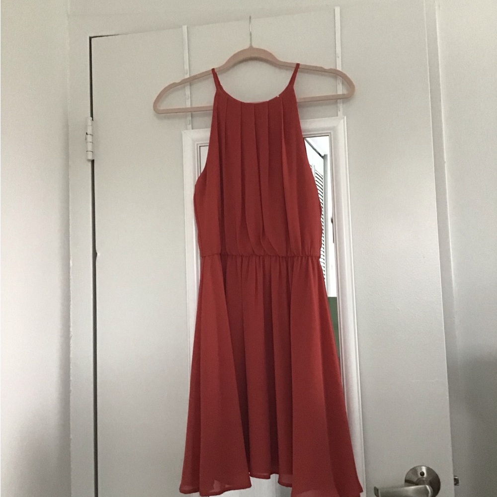 Francesca’s orange chiffon halter dress